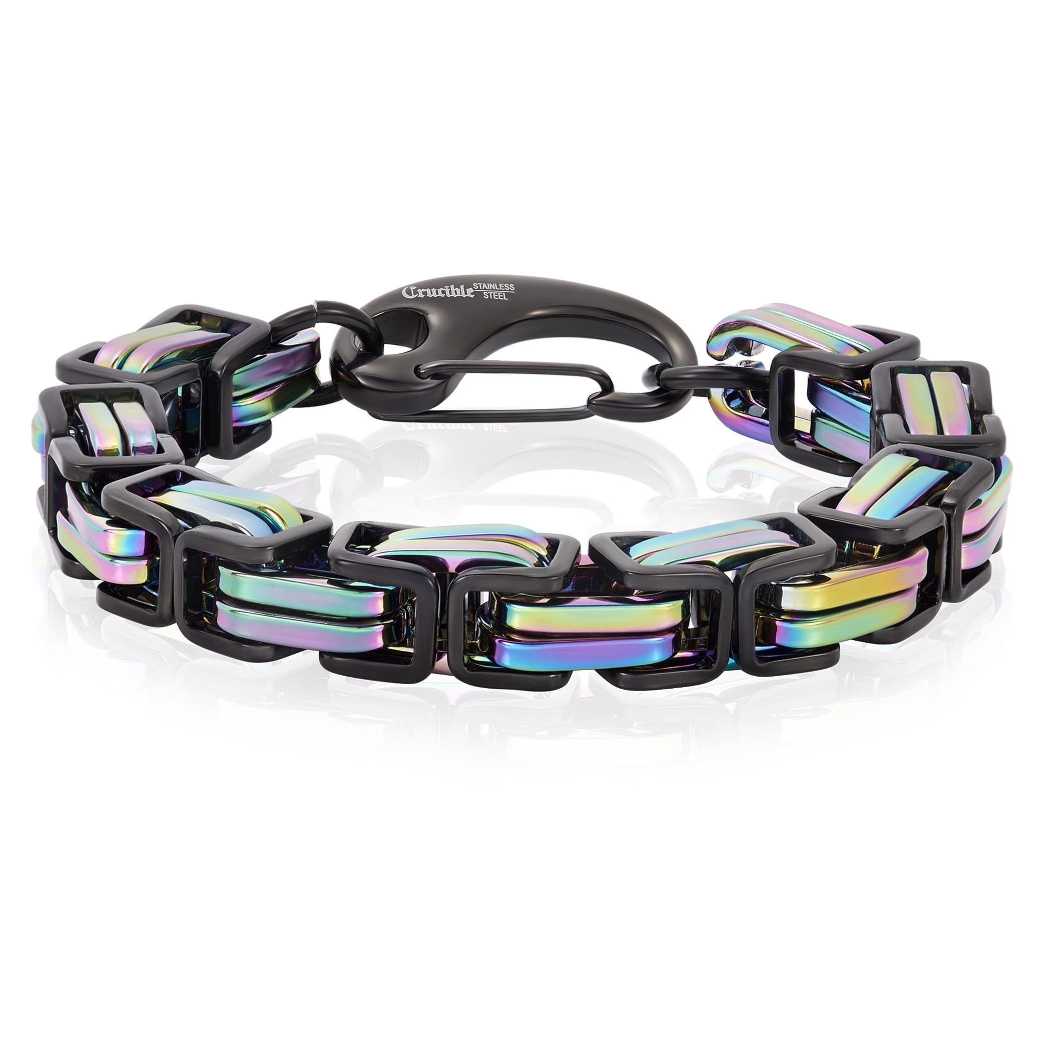 Crucible Jewelry Men's Black and Iridescent Plated Stainless Steel Byzantine Bracelet (11mm) - 9"