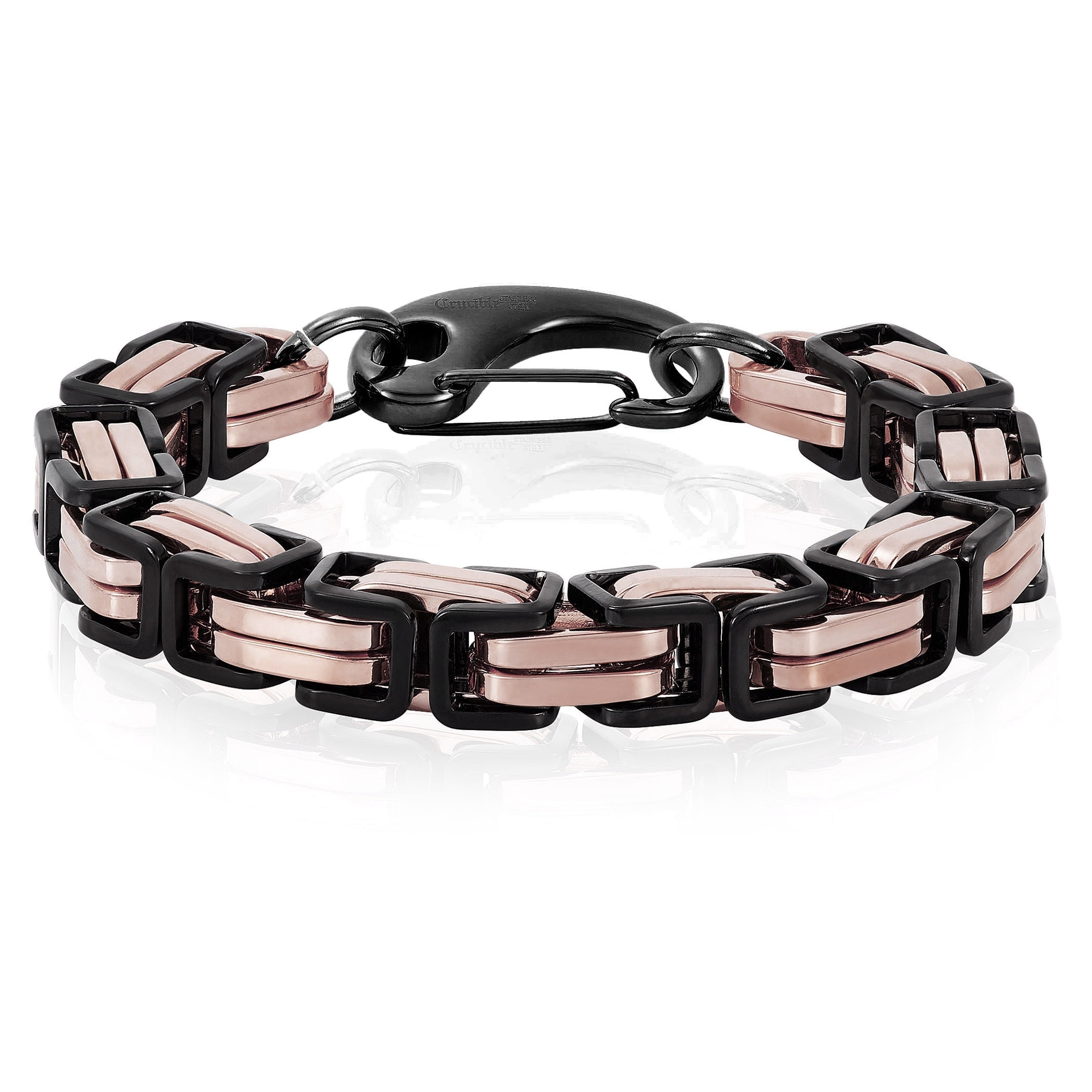 Crucible Jewelry Men's Black and Rose Plated Stainless Steel Byzantine Chain Bracelet (11mm) - 9"