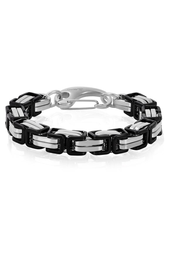 Jewelry Men's Black and Silver Plated Stainless Steel Byzantine Chain Bracelet (11mm) - 9"