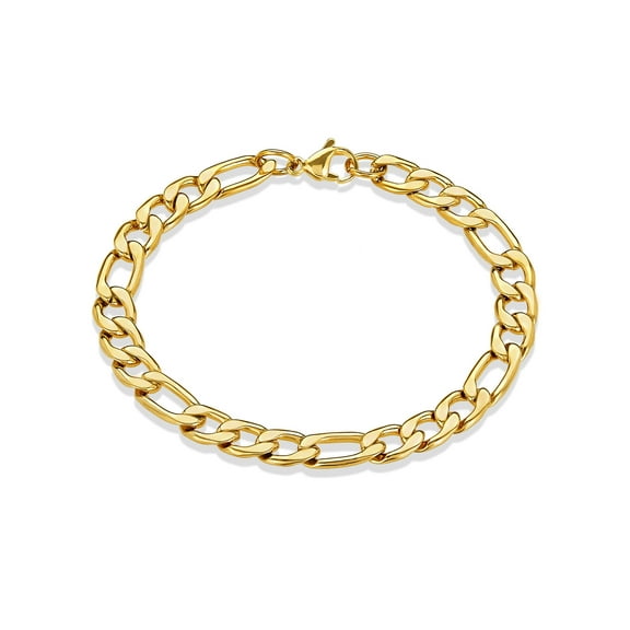 Crucible Jewelry Men's Figaro Chain Gold Plated Steel Bracelet (8mm) - 8.25 Inches