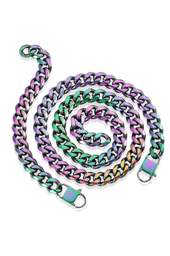 Jewelry Men's Iridescent Plated Steel Curb Chain Bracelet and Necklace Set (14mm)