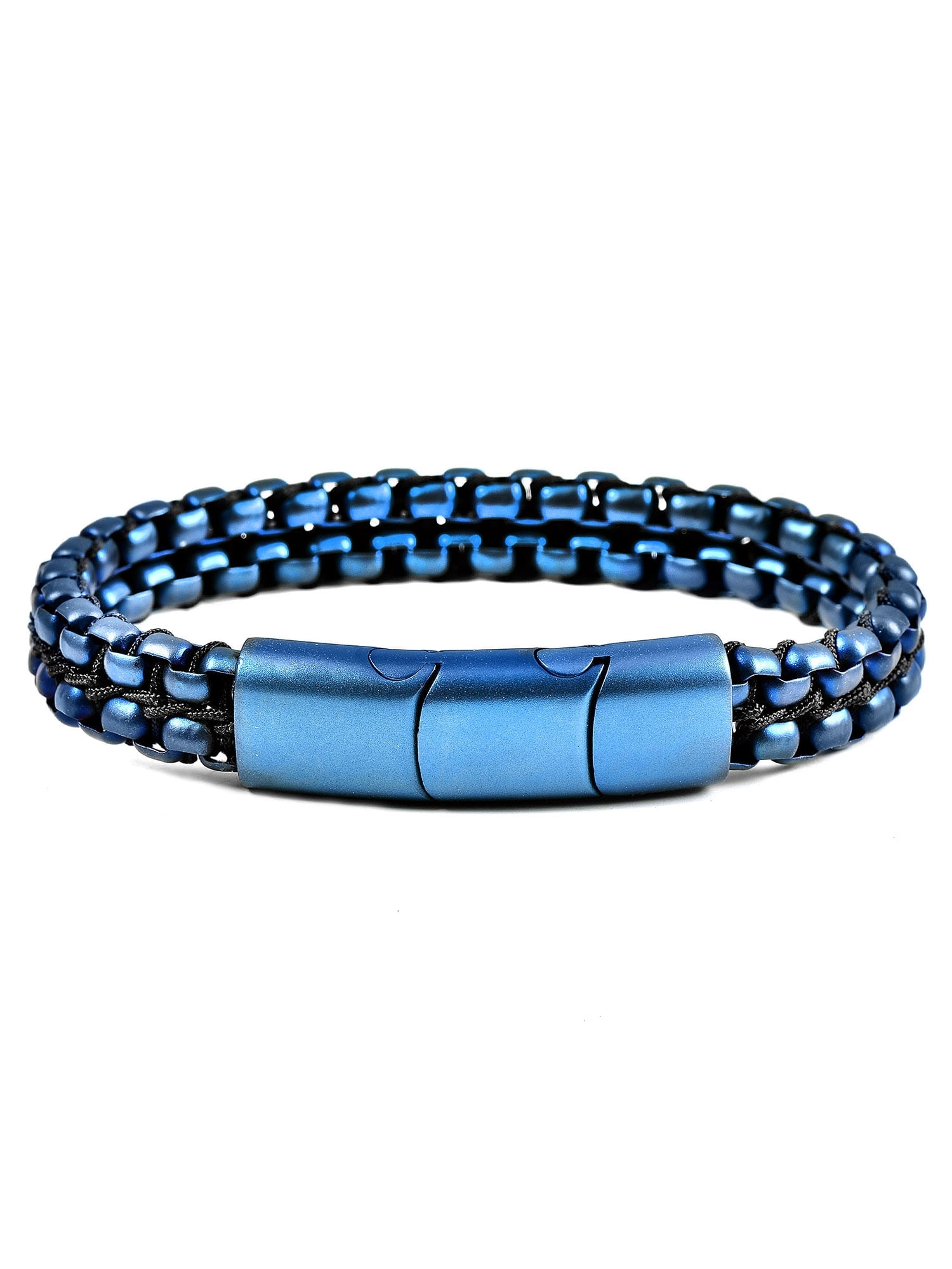 Crucible Jewelry Men's Matte Finish Double Row Box Chain Blue Plated Steel Bracelet (11mm) - 7.75" + 0.5" Ext