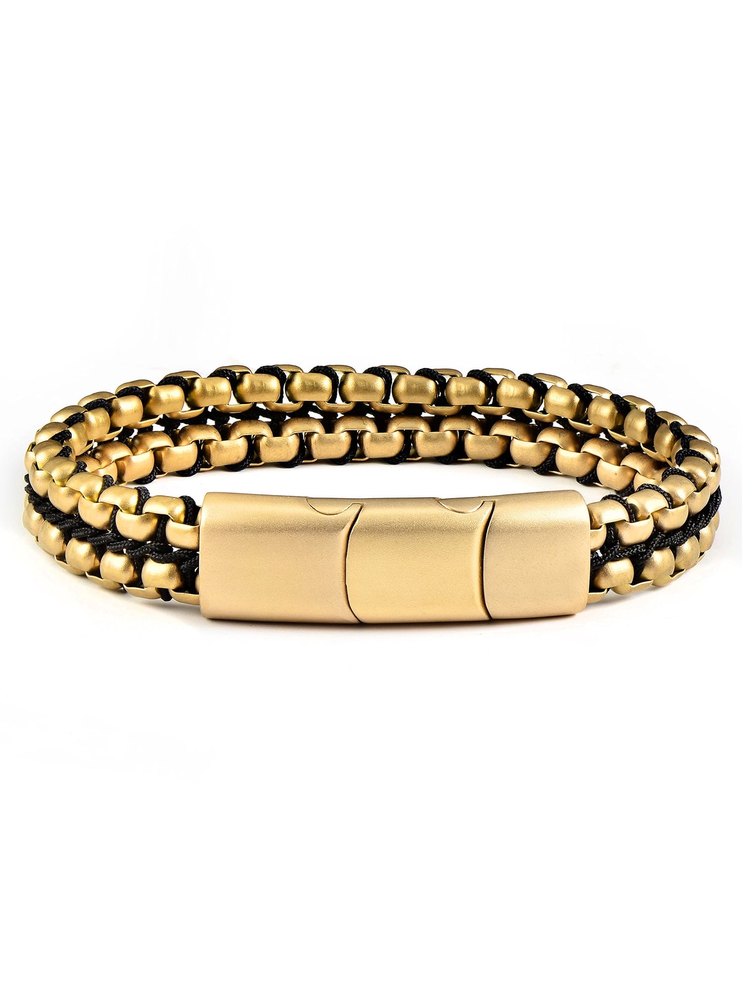 Crucible Jewelry Men's Matte Finish Double Row Box Chain Gold Plated Steel Bracelet (11mm) - 7.75" + 0.5" Ext