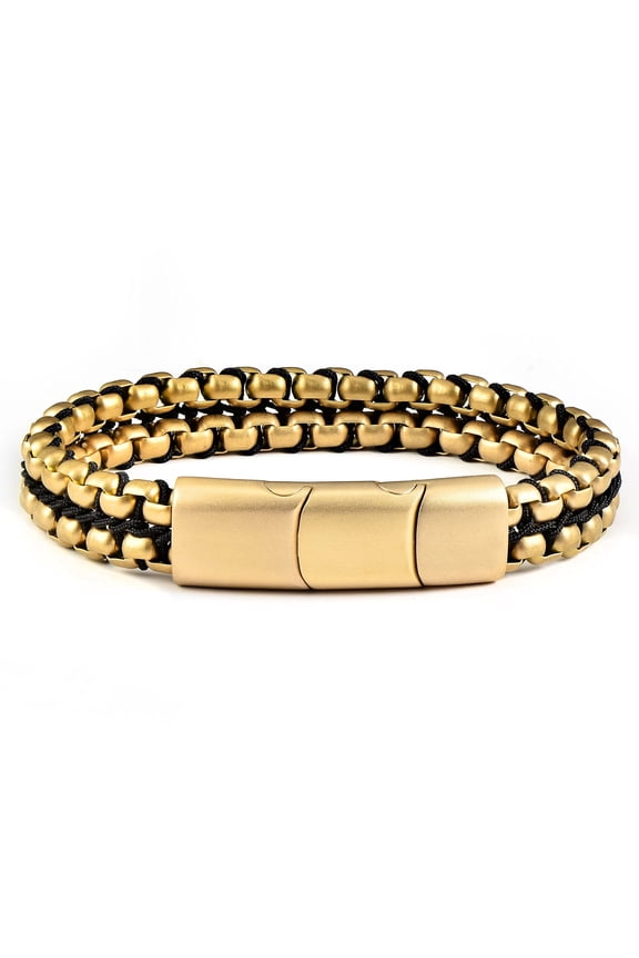 Jewelry Men's Matte Finish Double Row Box Chain Gold Plated Steel Bracelet (11mm) - 7.75" + 0.5" Ext
