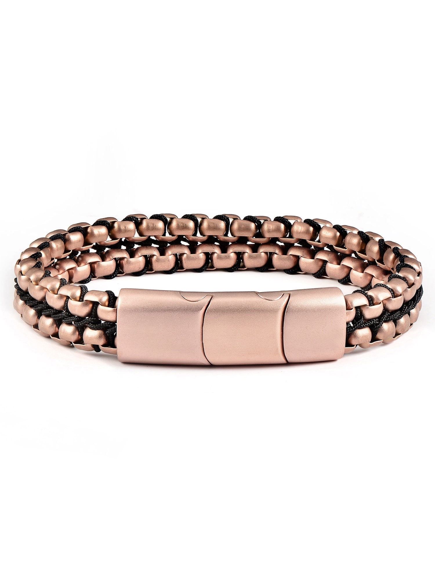 Crucible Jewelry Men's Matte Finish Double Row Box Chain Rose Gold Plated Steel Bracelet (11mm) - 7.75" + 0.5" Ext