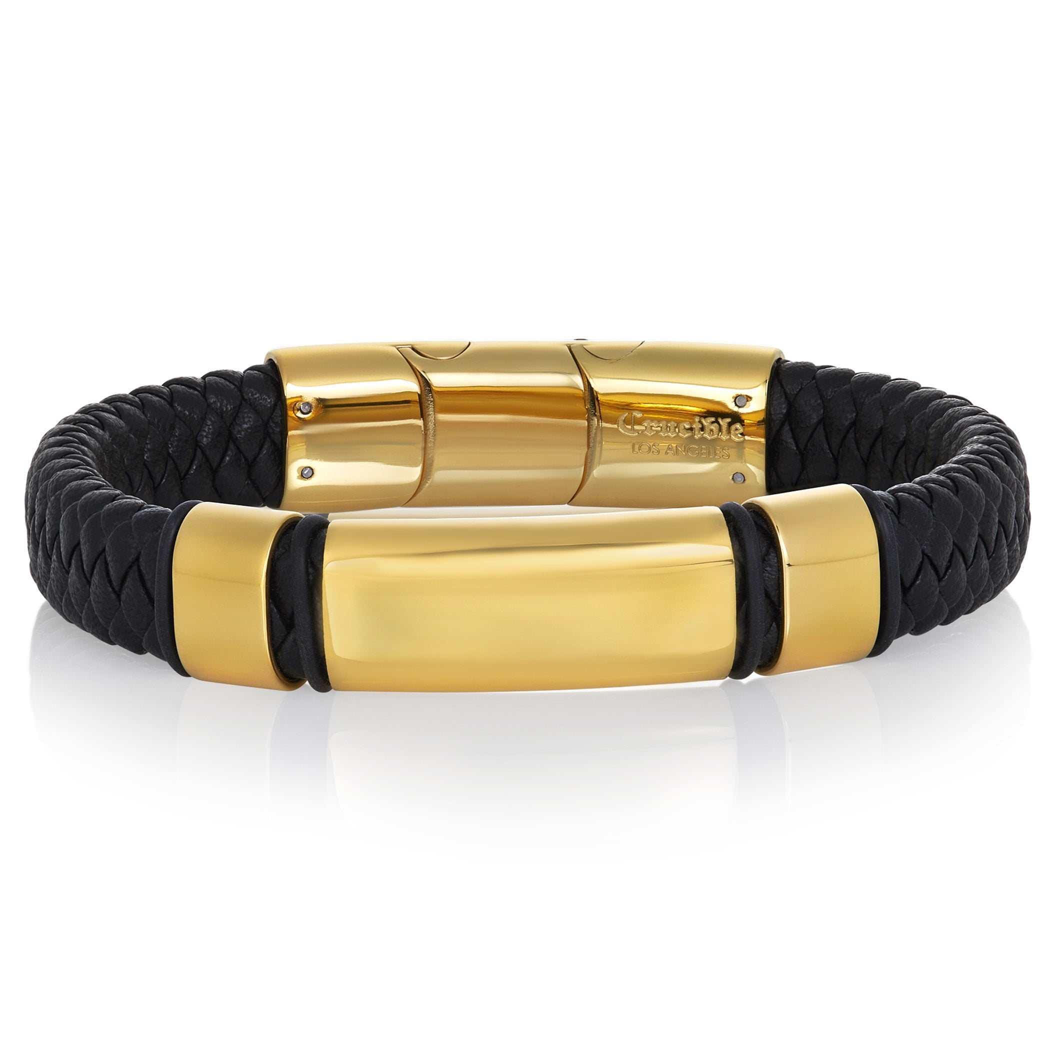 Crucible Jewelry Men's Polished Gold Plated Steel ID Leather