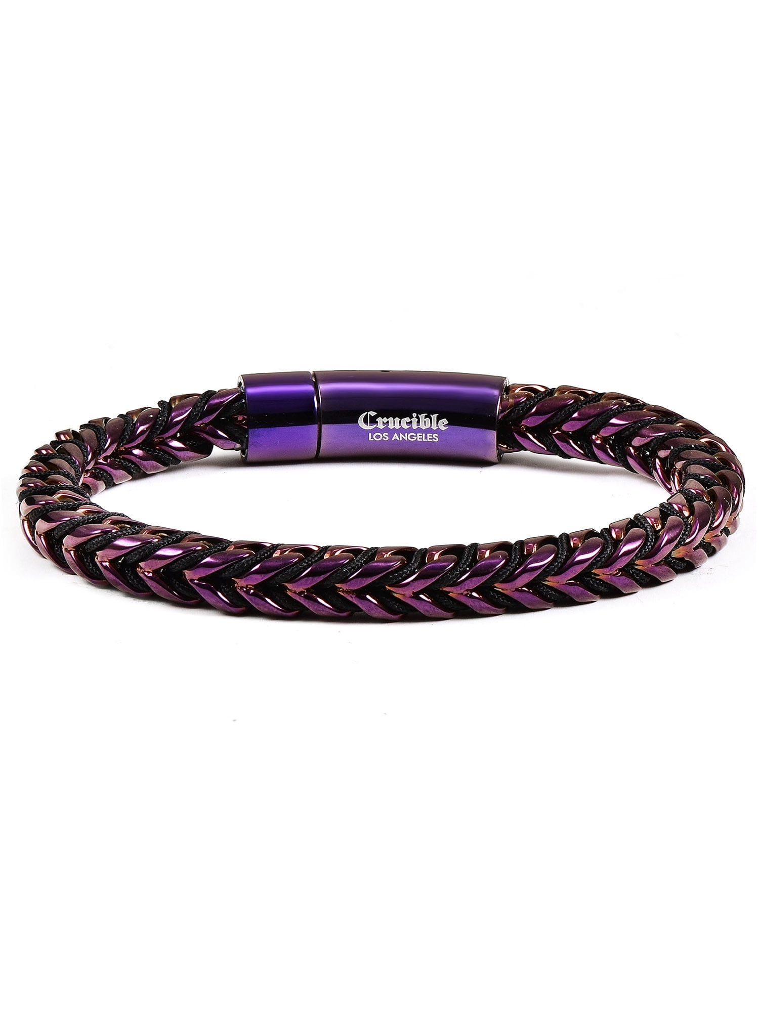 Crucible Jewelry Men's Polished Purple Plated Stainless Steel Franco Chain and Nylon Cord Bracelet (7mm) - 8"