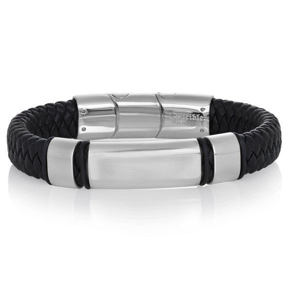 Crucible Jewelry Men's Polished Steel ID Leather Bracelet- 8.25" + 0.5" Ext