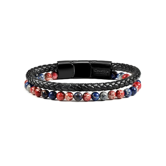 Crucible Jewelry Men's Red and Blue Imperial Jasper Stone Beaded Leather Bracelet - 8.25" + Extender