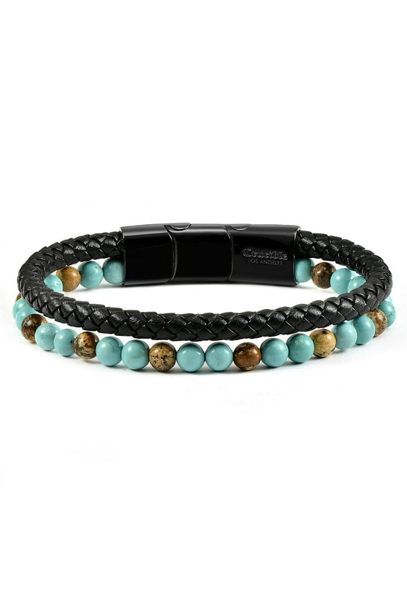 Jewelry Men's Turquoise and Picture Jasper Stone Beaded Leather Bracelet - 8.25" + Extender
