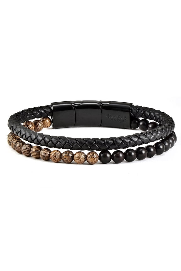 Jewelry Men's Wenge Wood and Ebony Wood Beaded Leather Bracelet - 8.25" + Extender