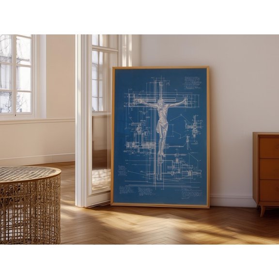 Crucifix Blueprint Sacred Industrial Wall Art Decor Unframed Paper Print