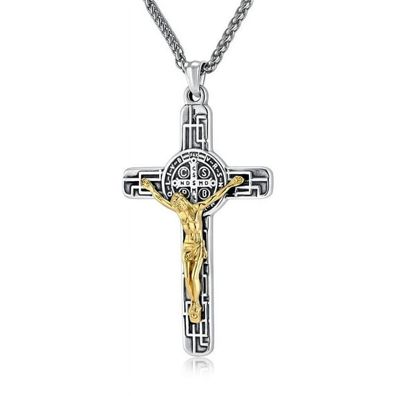 Crucifix Cross Necklace Sterling Silver Crucifix St Benedict Medals Pendant Necklace Crucifix Jesus Jewelry Baptism Christian Catholic Jewelry for Women Men (Cross Crucifix Necklace)