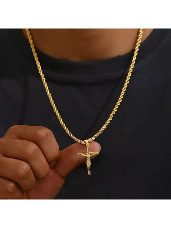 Crucifix Figure Cross Pendant Rope Chain Necklace For Men Women, 14K Gold Filled Premium Designer Jewelry