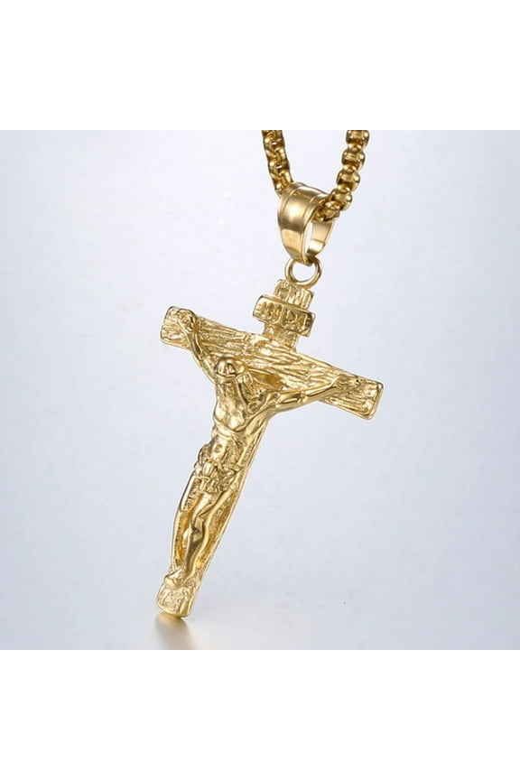 Crucifix Jesus Christ Cross Pendant Necklace Male 14K Yellow Gold Chains For Man Jewelry Gift