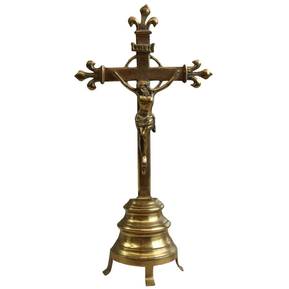 Crucifix Jesus Christ Religious Standing Cross Fleur de Lis Brass Metal Antique