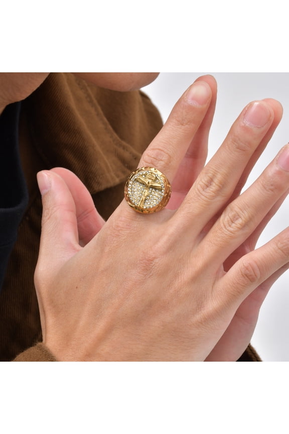 Crucifix Jesus Cross Rings for Men,Hip Hop 14K Yellow Gold Signet Ring with Full Rhinestone,Rapper Party Jewelry Gift