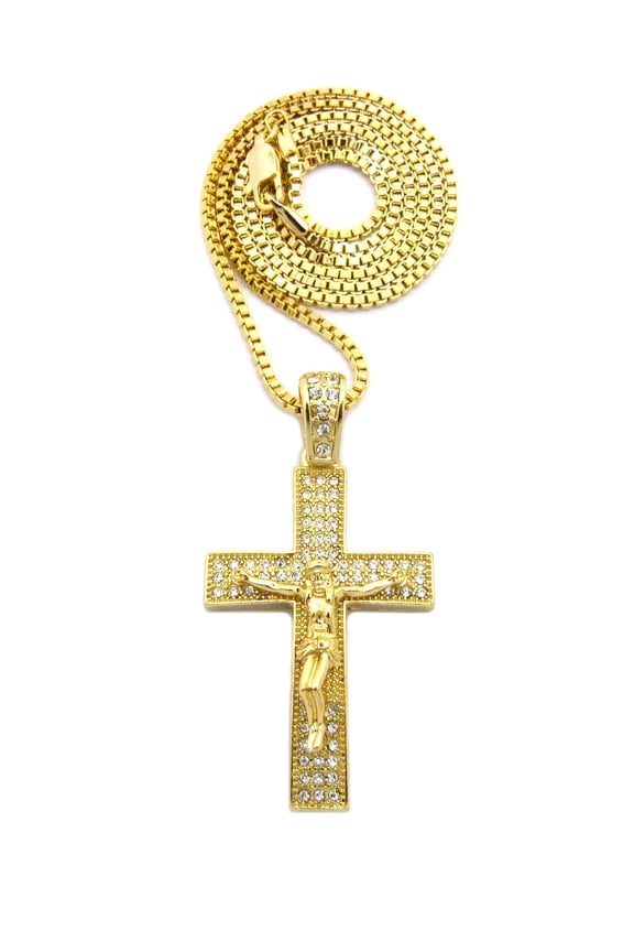 Crucifix Jesus on 3 Row Stone Stud Cross Pendant with Chain Necklace - 2mm 24" Gold-Tone Box Chain