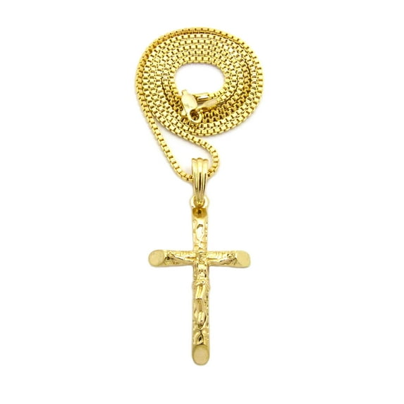 Crucifix Jesus on Rugged Cross Pendant with Chain Necklace - 2mm 24" Gold-Tone Box Chain