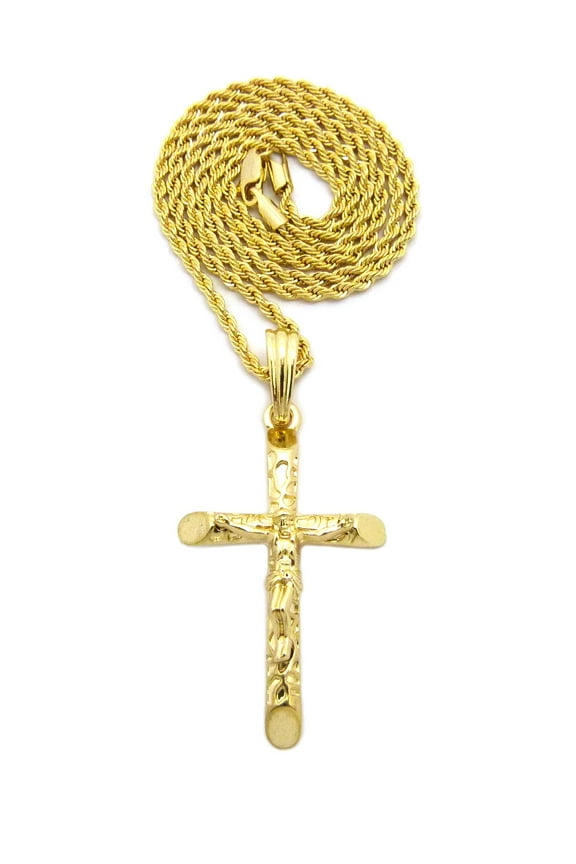 Crucifix Jesus on Rugged Cross Pendant with Chain Necklace - 2mm 24" Gold-Tone Rope Chain