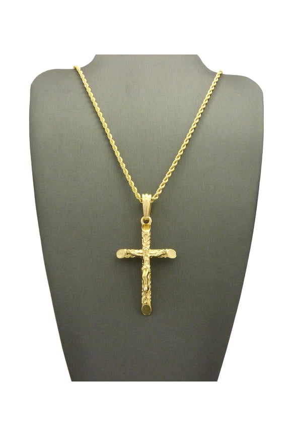 Crucifix Jesus on Rugged Cross Pendant with Chain Necklace - 3mm 18" Gold-Tone Rope Chain