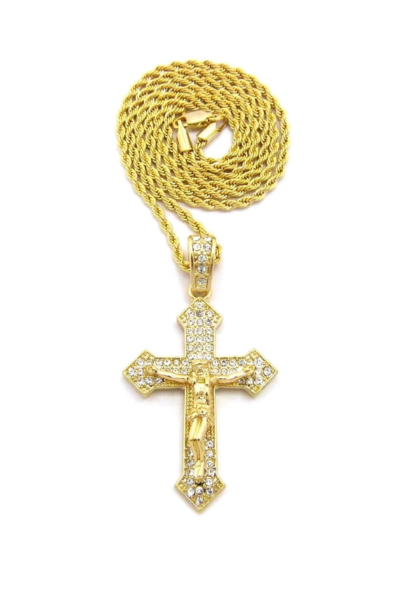 Crucifix Jesus on Stone Stud Pointed Cross Pendant with Chain Necklace - 2mm 24" Gold-Tone Rope Chain
