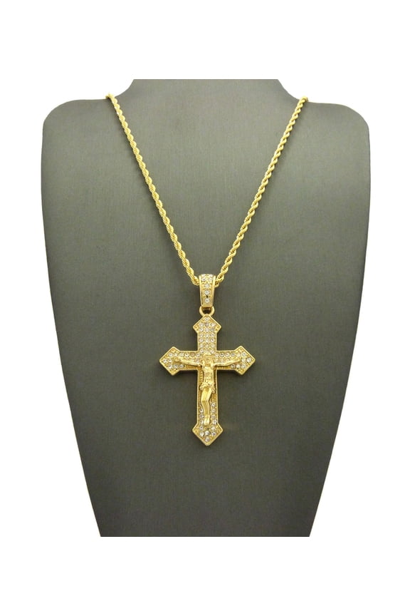 Crucifix Jesus on Stone Stud Pointed Cross Pendant with Chain Necklace - 3mm 18" Gold-Tone Rope Chain