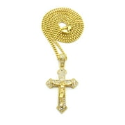 Crucifix Jesus on Stone Stud Pointed Cross Pendant with Chain Necklace - 3mm 24" Gold-Tone Cuban Chain