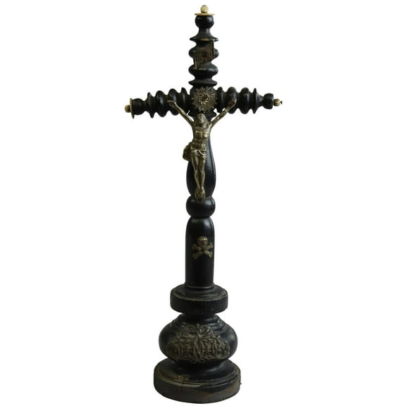 Crucifix Religious Skull Crossbones Jesus Black Wood Silver Metal Standing Cross