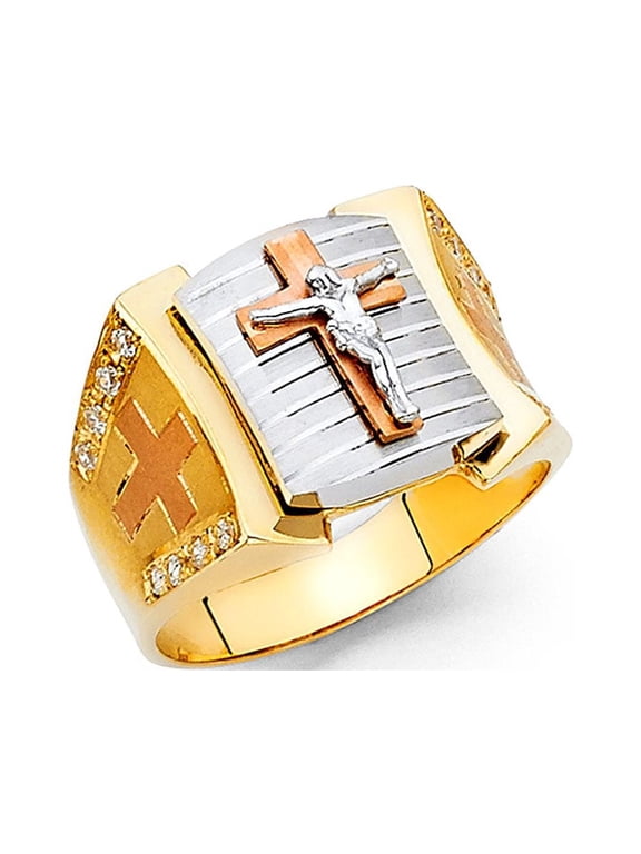 Crucifix Ring Solid 14k Yellow White Rose Gold Mens Cross Band CZ Religious Diamond Cut Fancy, Size 8.5
