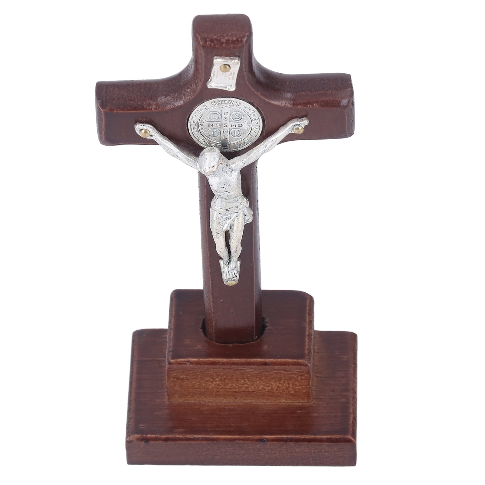 Crucifix Catholique Sur Base Métal - Décoration Table Bureau - Style Vintage Avec Incrustation Rouge