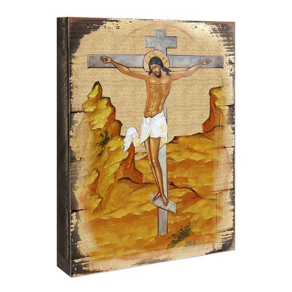 Crucifixion Icon Painting on Gold-Plated Wooden Block