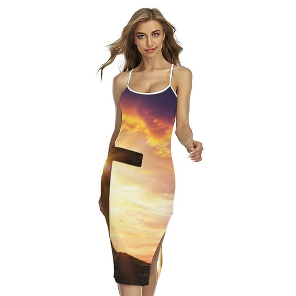 Crucifixion Of Jesus Christ Printed Cross Back Cami Dress, Jesus Christian Fashion Summer Maxi Sexy Casual Dress For Women