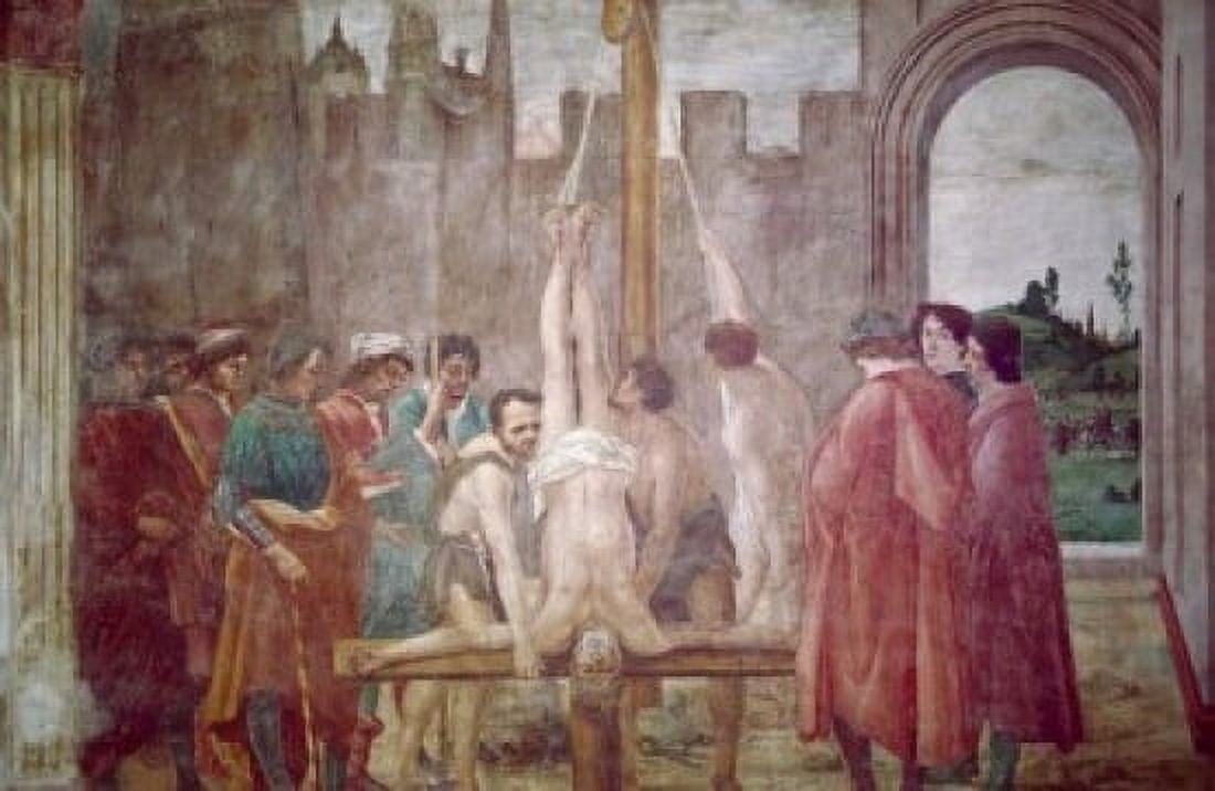 Crucifixion of St Peter by Masaccio from Life of St Peter cycle  fresco  1425-28  (1401-1428)  Italy  Florence  Santa Maria del Carmine  Brancacci Chapel Canvas Art - Masaccio (24 x 36)
