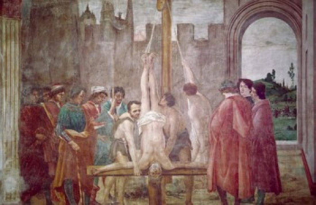 Crucifixion of St Peter by Masaccio from Life of St Peter cycle fresco 1425-28 (1401-1428) Italy Florence Santa Maria del Carmine Brancacci Chapel Canvas Art - Masaccio (18 x 24)