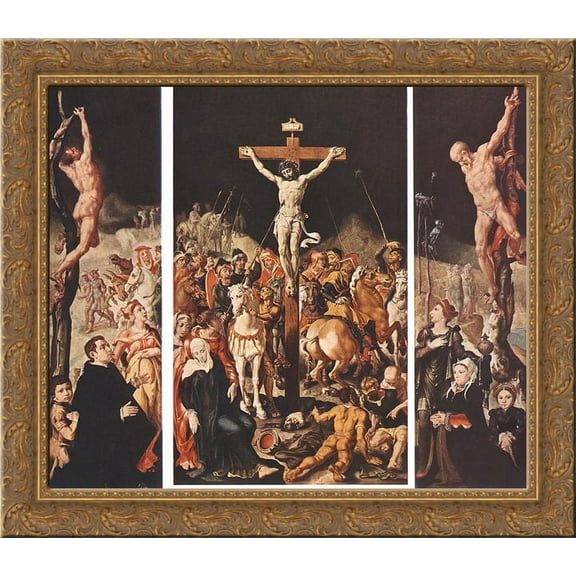 Crucifixion (Triptych) 24x20 Gold Ornate Wood Framed Canvas Art by Maerten van Heemskerck