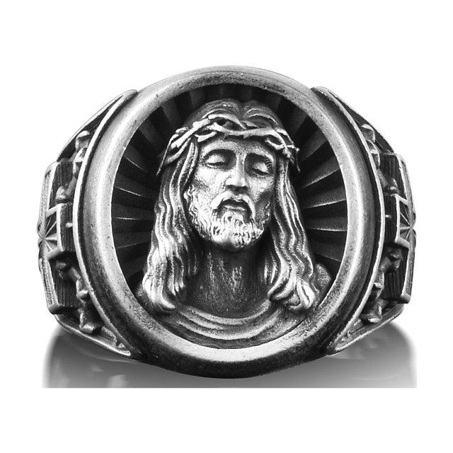 Crucifixion of Jesus with Cross Ring, Oxidized Engraved Ring For