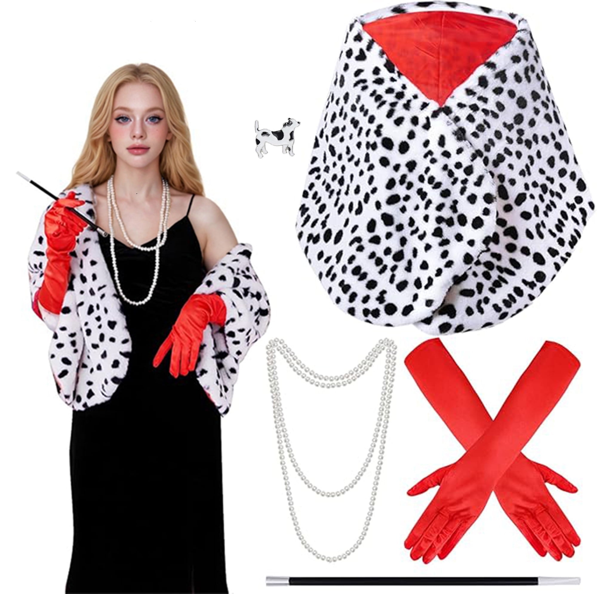 Halloween costume woman Dalmatia shawl. Red gloves. The necklace accessory is an adult cosplay party costume