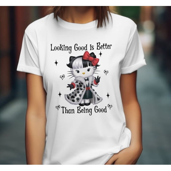Cruella De Vil Hello Kitty Halloween Cosplay T-Shirt, Cute Fall Shirt, Spooky Season Shirt, Cruella de Vil