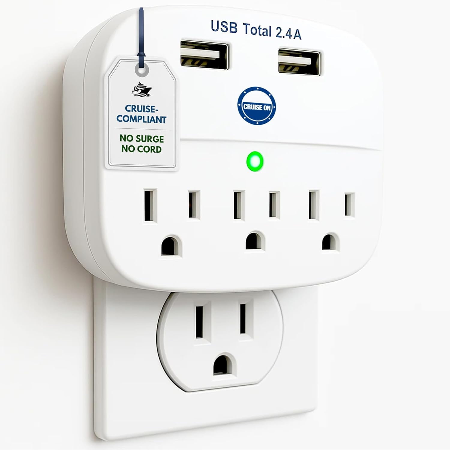 Cruise Approved Power Strip - Non Sur Protector for Ship with 2 USB Outlets Essentials 2026 Carnival, Princess, Norwegian, Holland America, MSC & Major Lines (White)