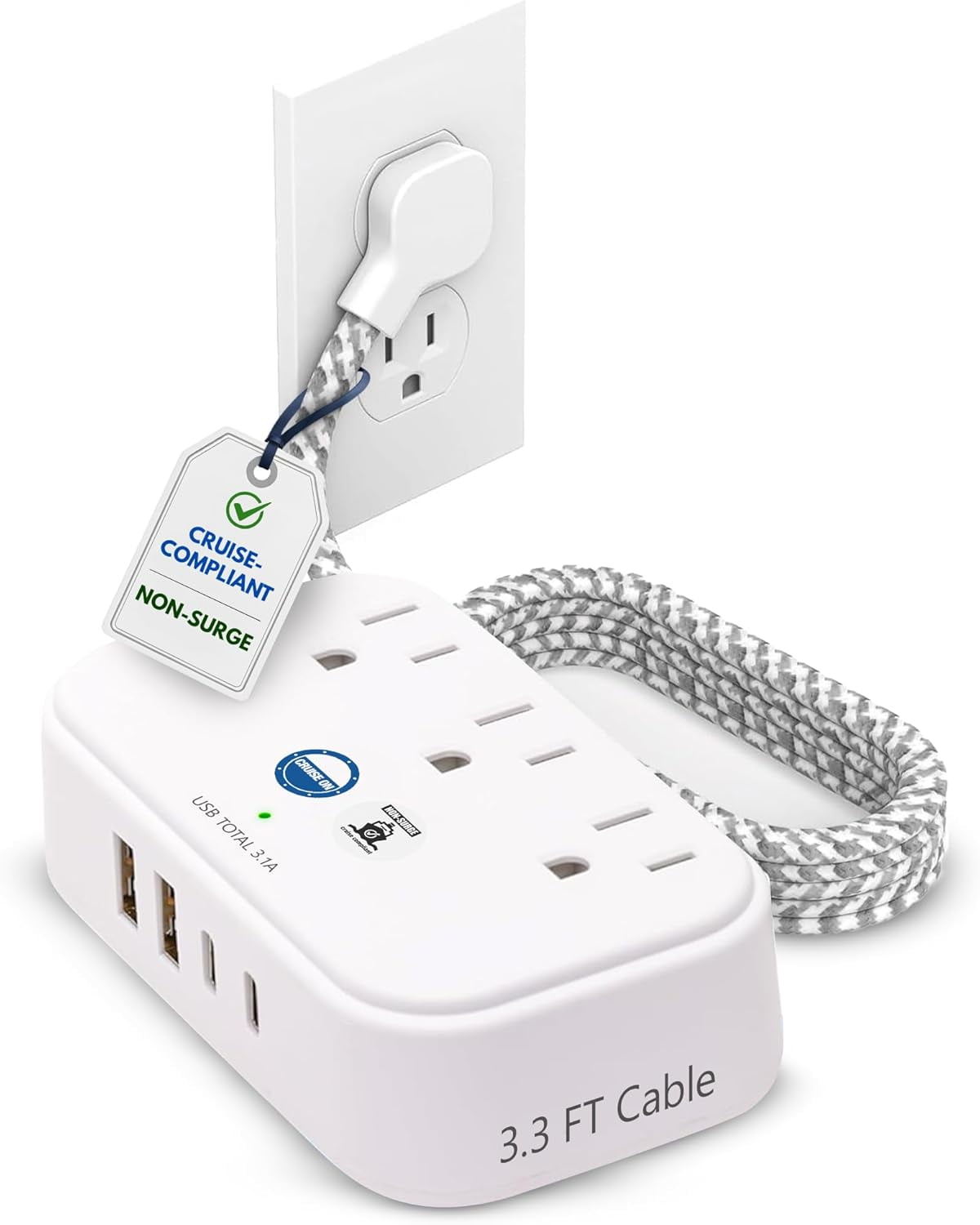 Cruise Approved Power Strip Non Sur Protector with 3.3 ft Travel Extension Cord and USB Ports [2 USB, 2 USB-C, 3 AC] Cruise Ship Essentials for Carnival, Princess, & Major Cruise Lines 2026 & 2027