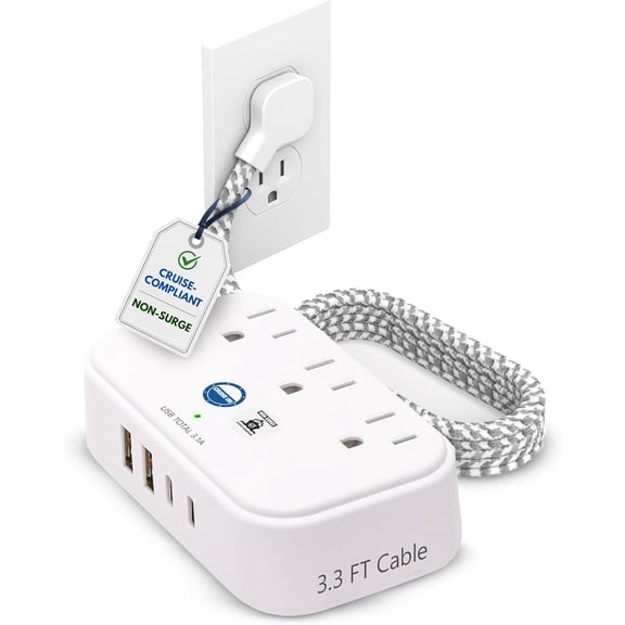 Cruise Approved Power Strip Non Surge Protector with 3.3 ft Travel Extension Cord and USB Ports [2 USB, 2 USB-C, 3 AC] Ship Essentials for Carnival, Princess, & Major Lines 2026 2027