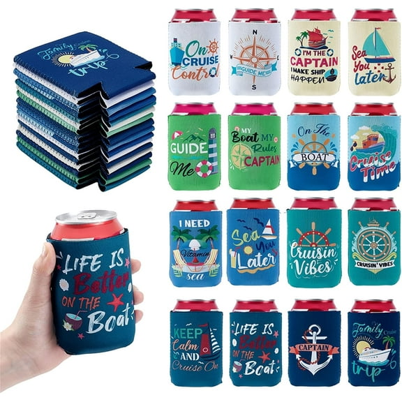 Cruise Beer Can Cooler 16 Pcs Neoprene Boating Gift Beer Sleeves for Can Sleeves for Men 12 oz Reusable for Nautical Themed Party Ship Beach Summer Party Favor Mixed Color