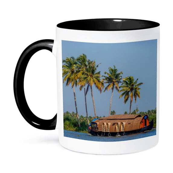 3dRose, Cruise boat in Backwaters, Kerala, 11oz Two-Tone Black Mug