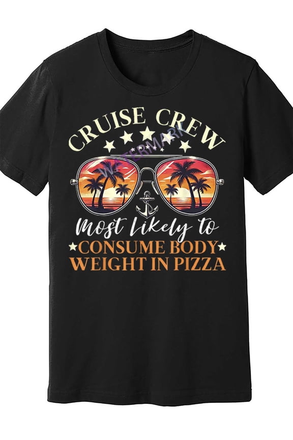 Cruise Crew Funny Men's Black T-Shirt - "Most Likely to Consume Body Weight in Pizza" with Fashion Glasses & Palm Tree Design, 100% Cotton, Short Sleeve, Round Neck - Machine Washable