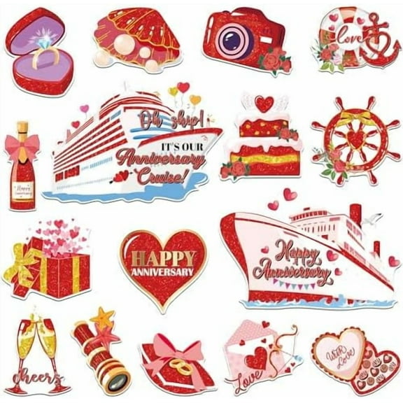 Cruise Door Decorations Magnetic Anniversary, 16 Pcs Red Nautical Anniversary Cruise Door Magnets, Happy Anniversary Decorations for Ship Cabin Door Refrigerator Carnival Cruise