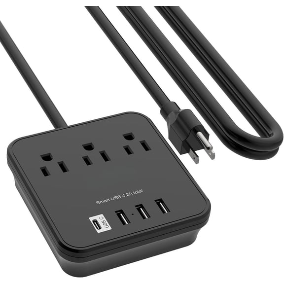 Cruise Essentials,10 Ft Power Strip with 3 Outlets and 4 USB Ports(1 USB C), Non Surge Protector for Cruise Ship, Travel, Office, ETL Listed, Black
