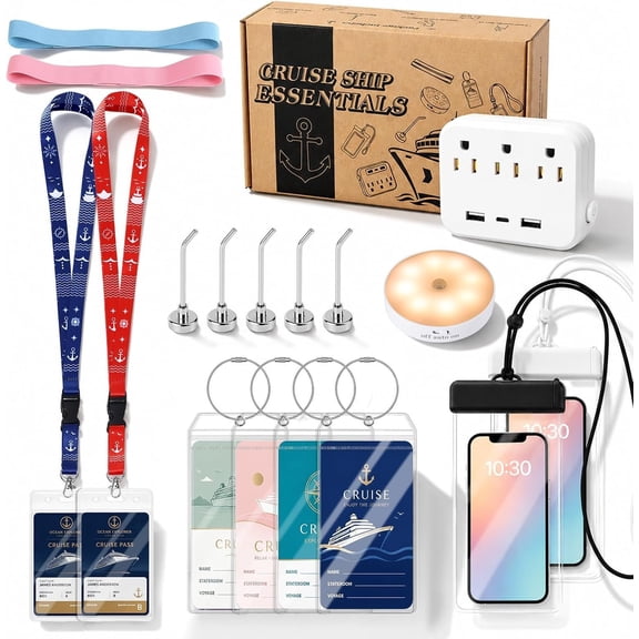 Cruise Essentials 2026, Cruise Ship Essentials Kit with Non-Surge Power Strip, Night Light & Hooks, Phone Pouches, Lanyards, Luggage Tags, Cruise Accessories Set
