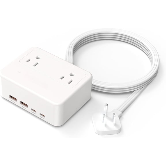 Cruise Essentials Flat Plug Power Strip, 4 AC Outlets 2 USB-C 2 USB-A, PD 20W  ,  Off , Non Surge Protector for Travel Dorm  Office, White