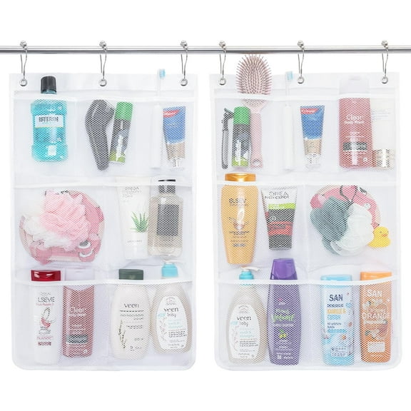 Cruise Essentials Shower Caddy Must-Have, 7 Pockets Hanging Bathroom Organizer with Quick-Dry Mesh, Portable Shower Bag to Storage Soap, Shampoo, for RVing, Travel, Camping, White, 2 Packs
